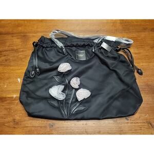 VICTORIA'S SECRET TEASE GARDENIA FLOWERS TOTE BAG PURSE DRAWSTRING BLACK